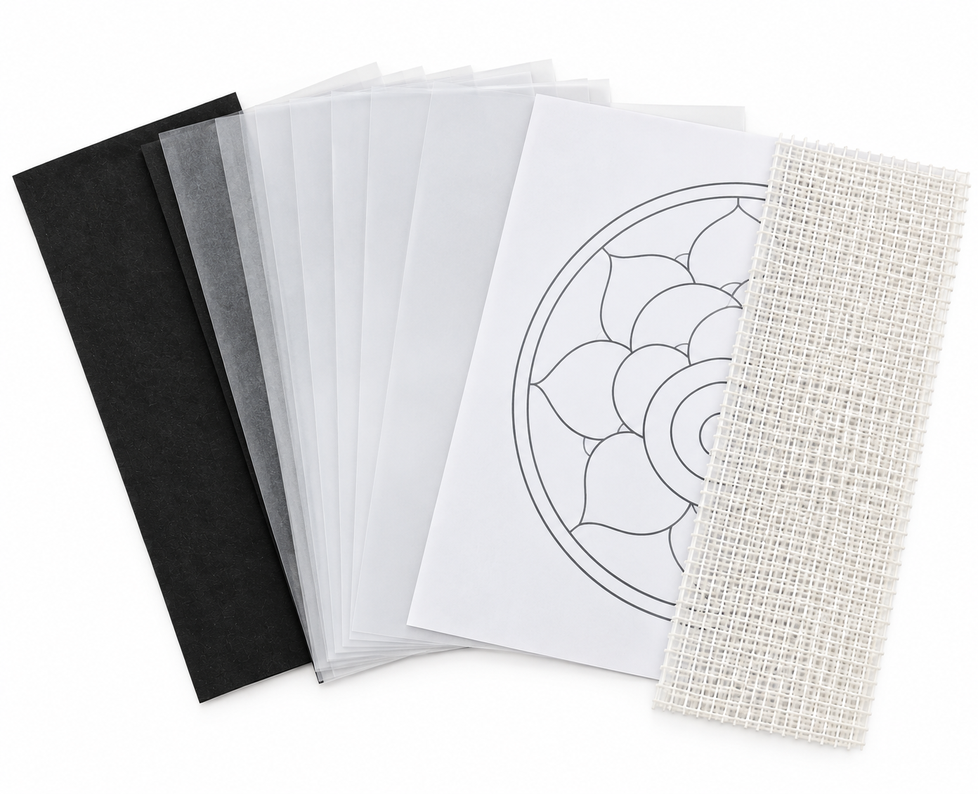 kit 6 hojas papel diamante + 2 hojas calco + 1 diseño mandala + 1 trozo de malla para mandala